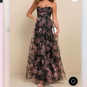 Exclusive Glamour Black Floral Organza Tiered Maxi Dress Black Floral